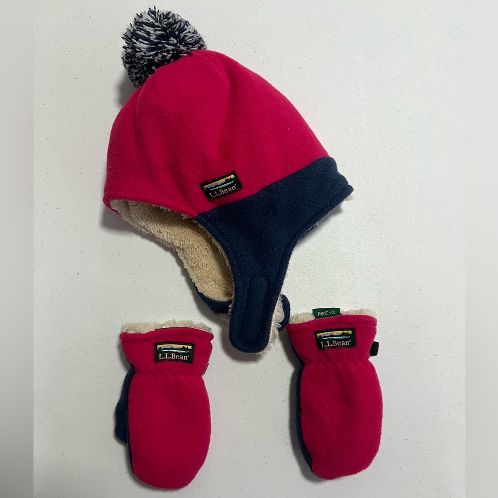 L.L. Bean  Fleece Hat and Mittens 12-24 mo
